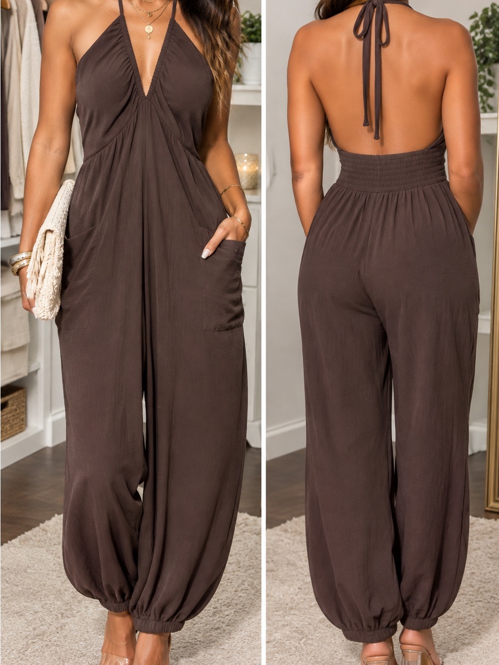 Cupshe Chocolate Brown Halter Backless Jumpsuit